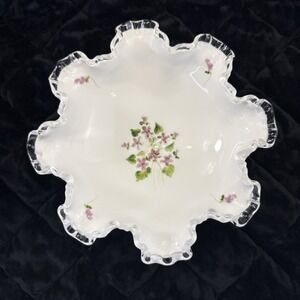 Fenton Hand Painted Milk Glass Silver Crest Violets in the Snow Footed‎ Bowl 10"
